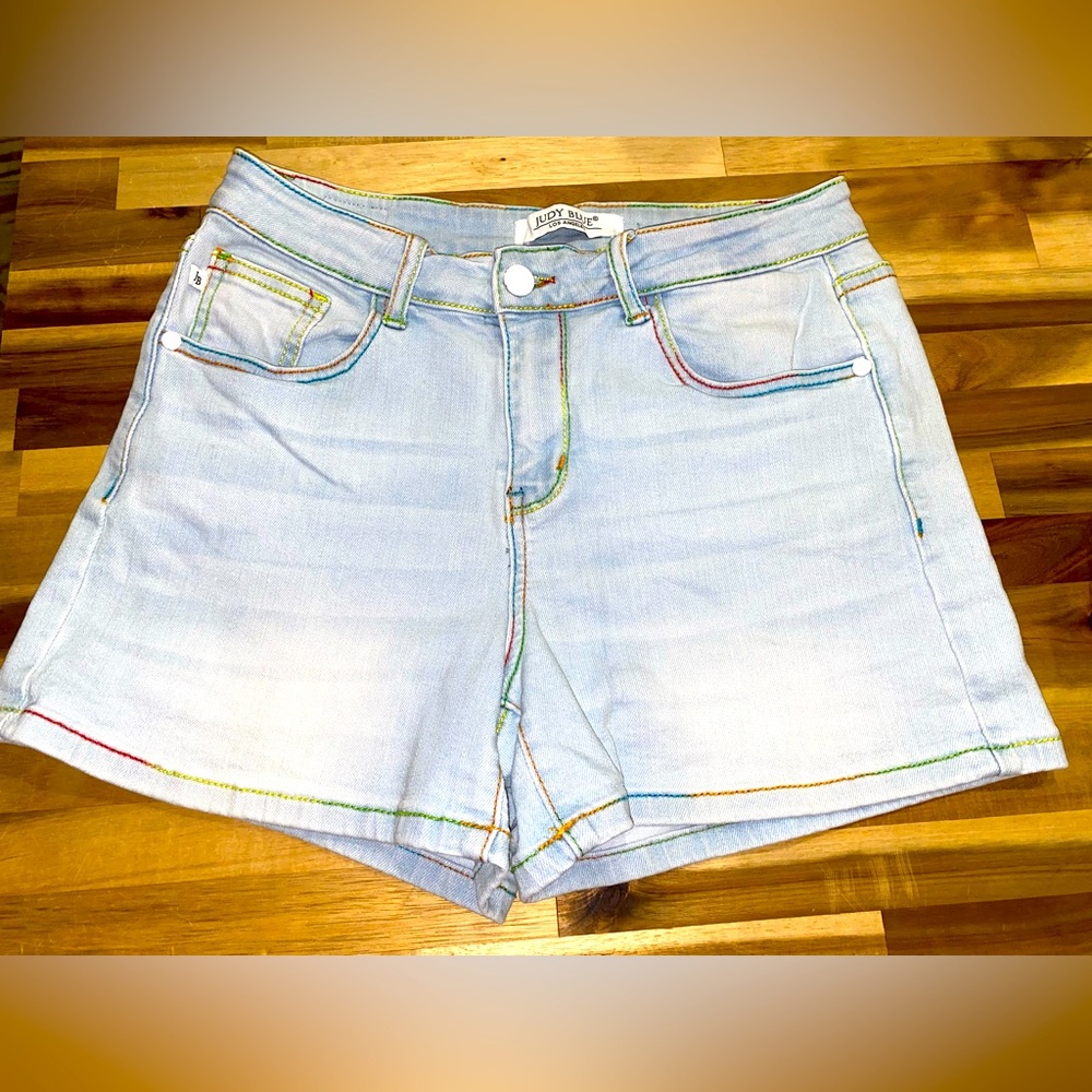 Judy Blue Light Blue Jean Shorts with Rainbow Stitching